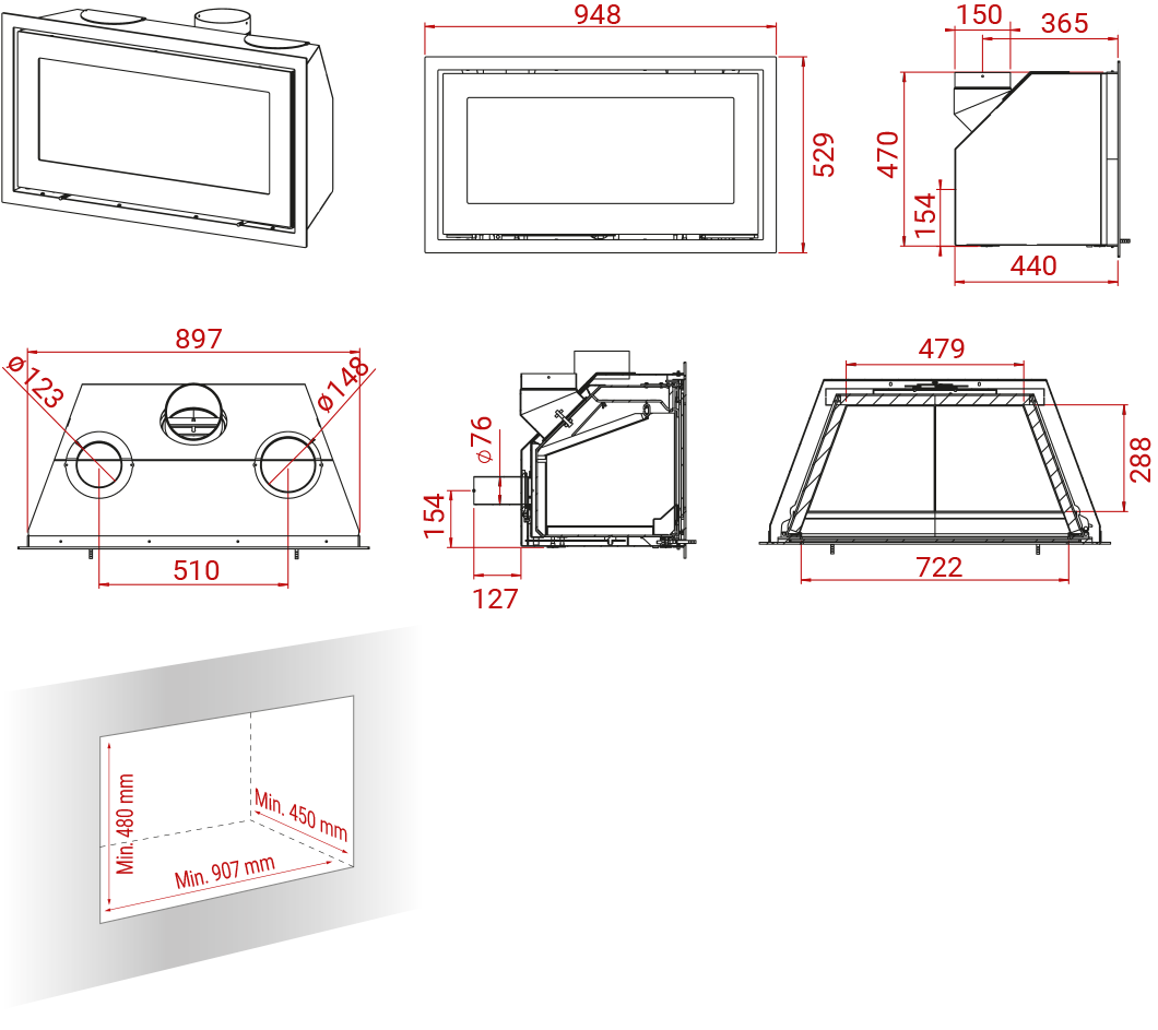 Maßzeichnung Lotus H470 W Kamineinsatz