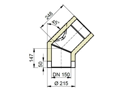 Maßzeichnung Bogen 45°  isoliert, Ø innen 150mm mit Reinigungstür