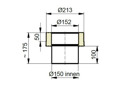 Maßzeichnung  Anschlußstück für Ofenstutzen, isoliert, Ø innen 150mm Innenrohr kürzbar 