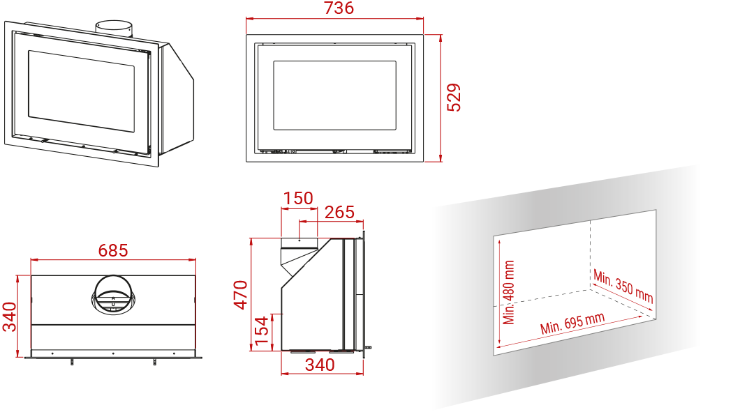 Maßzeichnung Lotus H370 Petite Kamineinsatz