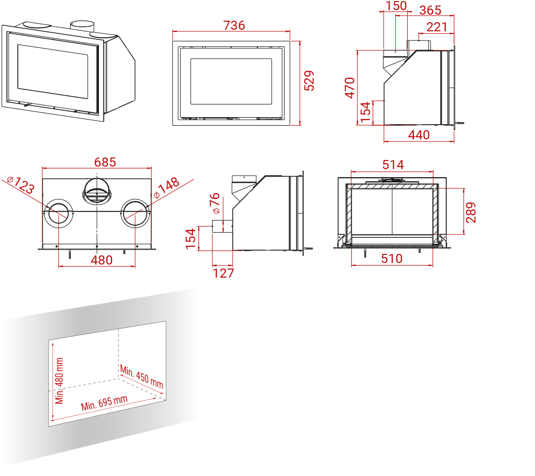 Maßzeichnung Lotus H470 Kamineinsatz