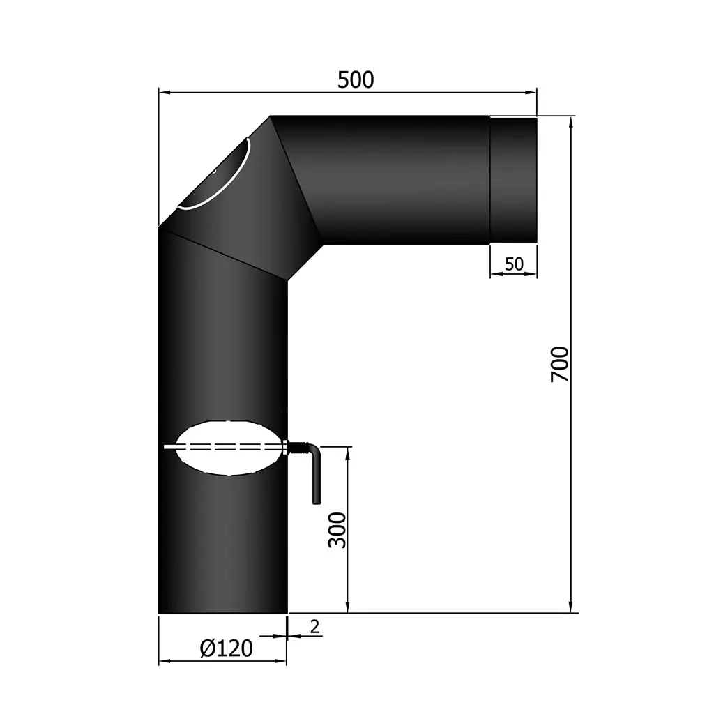 Knierohr 2x45° kurz mit Tür und Drosselklappe, Ø120mm