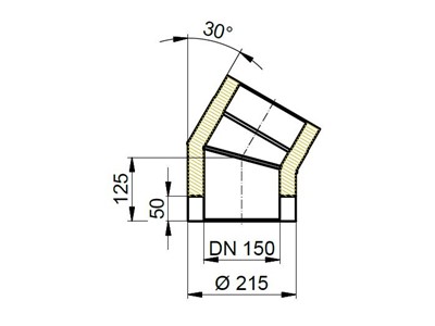 Maßzeichnung Bogen 30°  isoliert, Ø innen 150mm