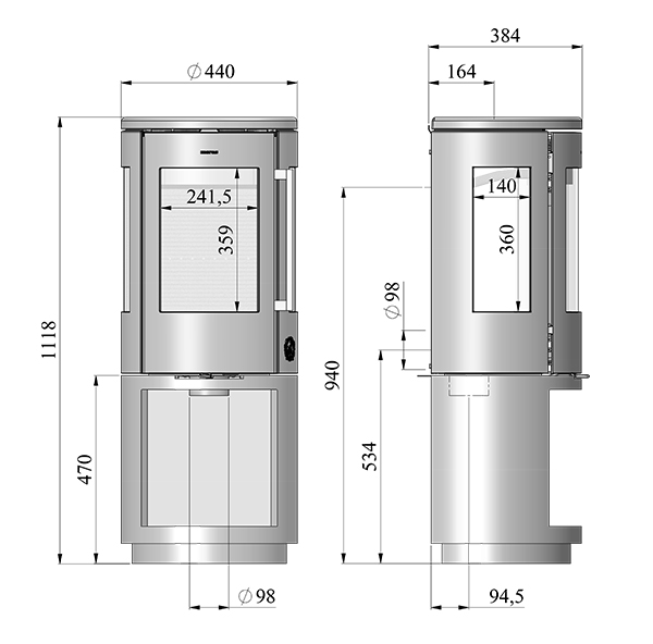 Gusskaminofen Morsø 7493 4,3KW - Maße
