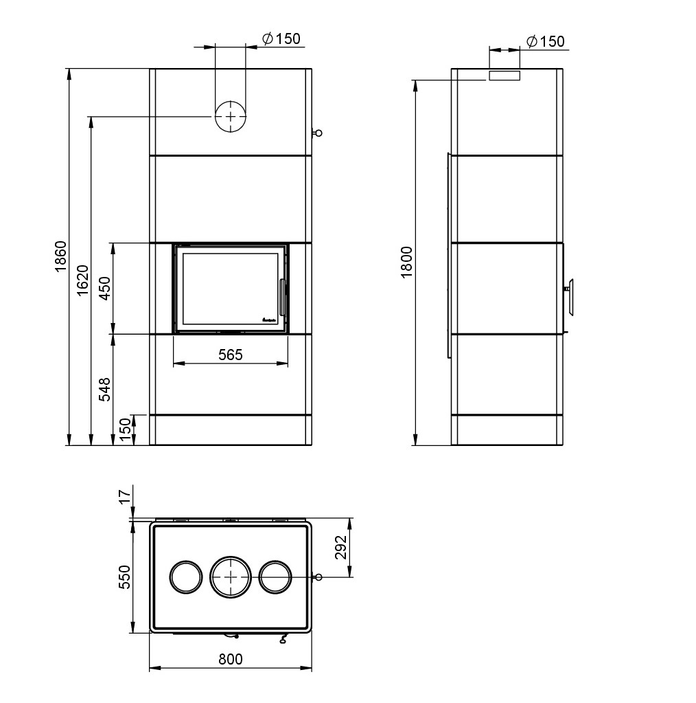 Maßzeichnung Nordpeis Salzburg L Konvektion mit 15cm Sockel