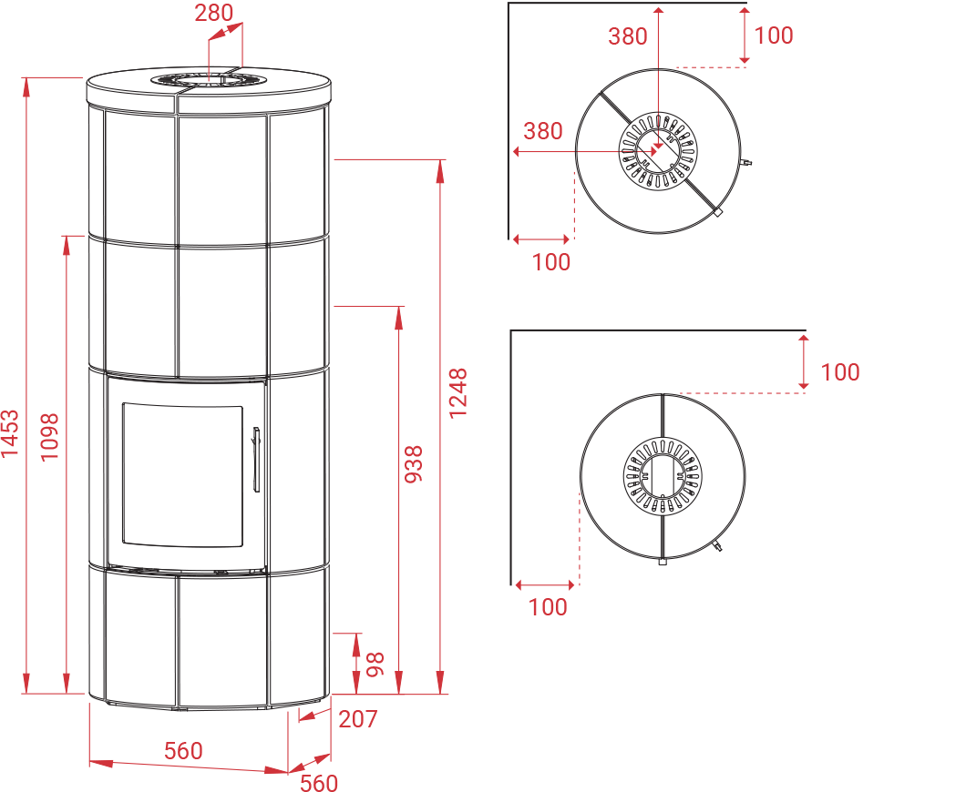 Kaminofen Lotus M2 ST Speicherofen 6KW, Maße