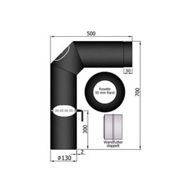 Rauchrohrset, Ø130, 2x45°, Rosette, Wandfutter, Drosselklappe