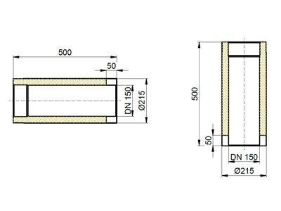 Maßzeichnung Rauchrohr isoliert, Ø innen 150mm, L 500mm