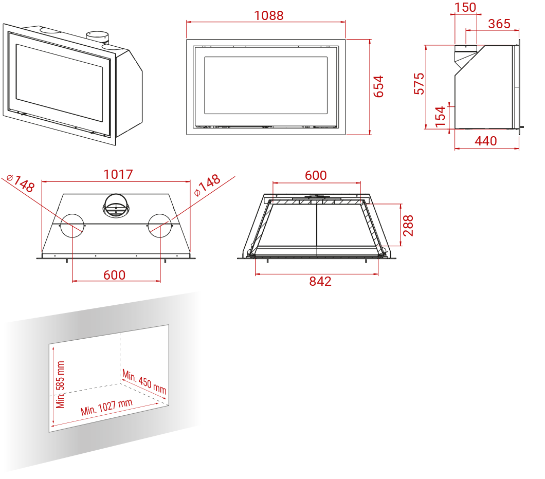 Maßzeichnung Lotus H570 W Kamineinsatz