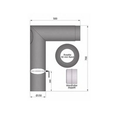 Rauchrohrset, Ø130/150mm, 90°-Knie, Rosette, Wandfutter, Drosselklappe_2