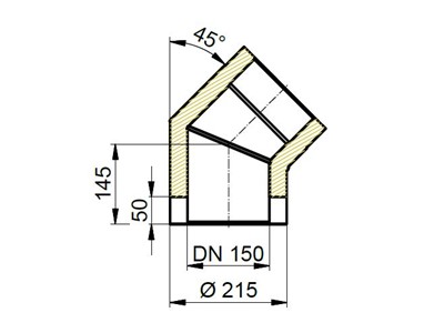 Maßzeichnung Bogen 45°  isoliert, Ø innen 150mm